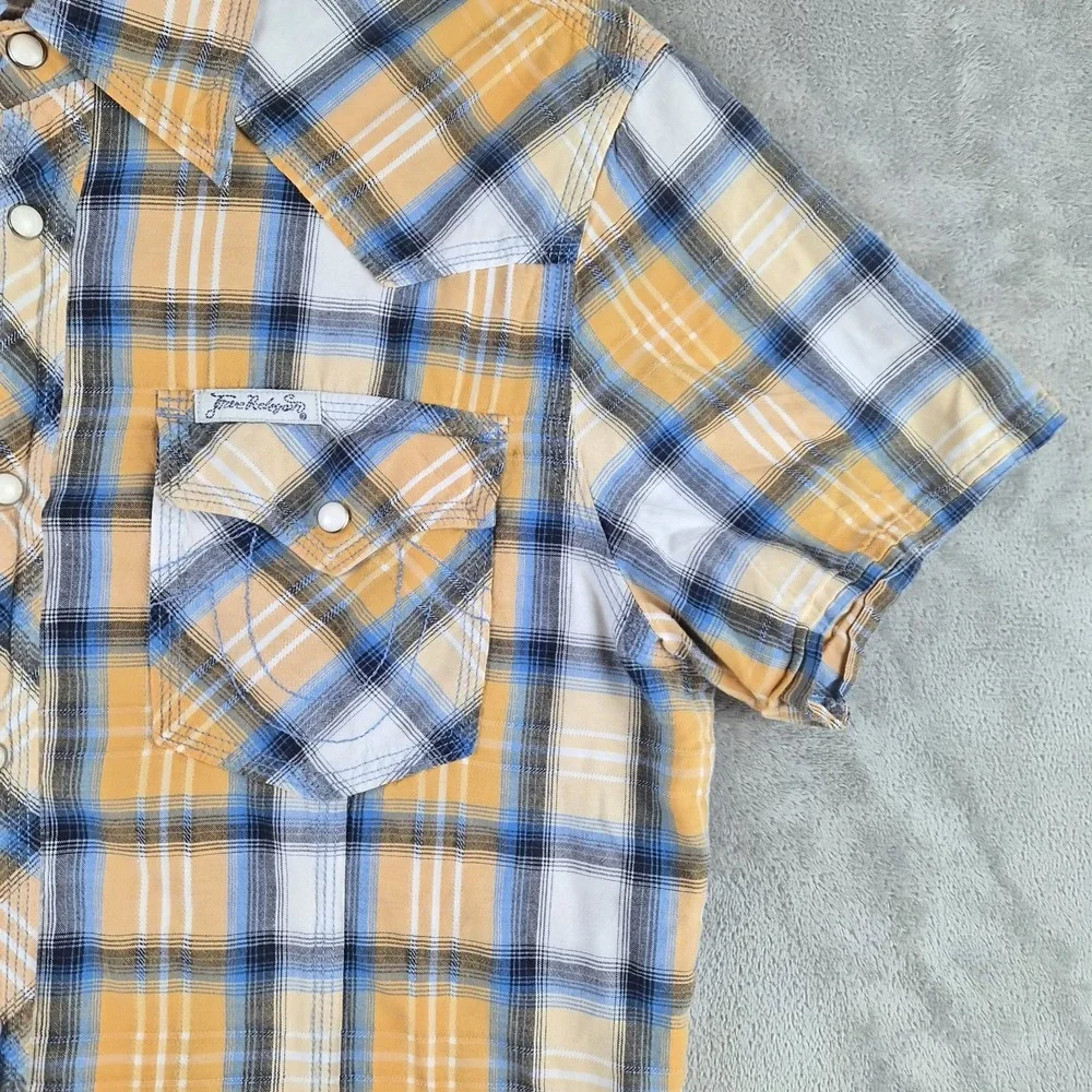 True Religion Rocky Western Shirt Men Large Yellow Blue Plaid Pearl Snap Cotton